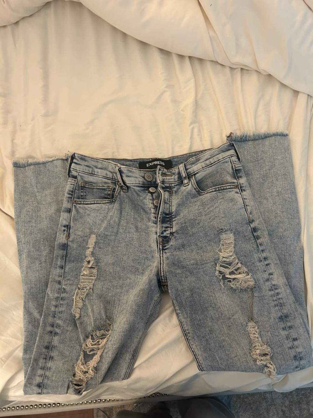 Express Women's Light Blue Ripped Skinny Jeans